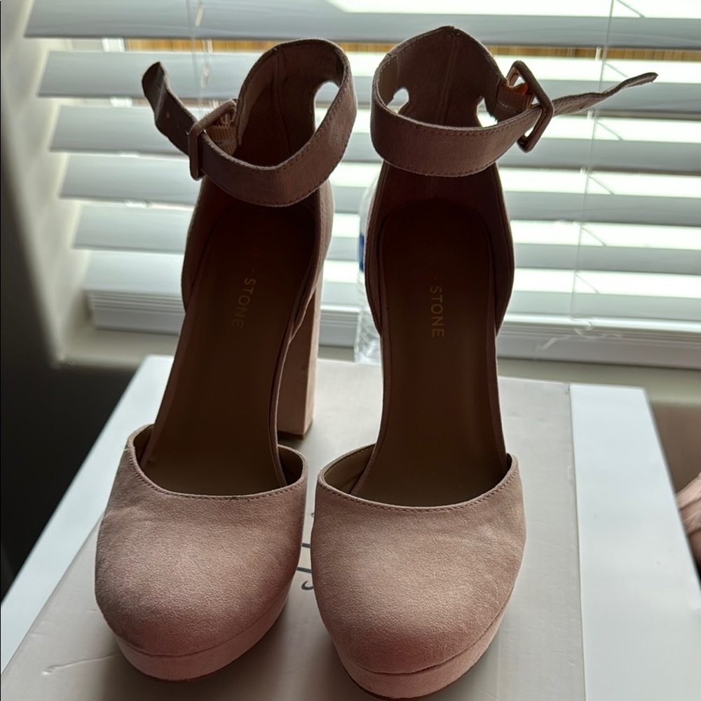 Sun + Stone Pink Suede Ankle Strap Heels